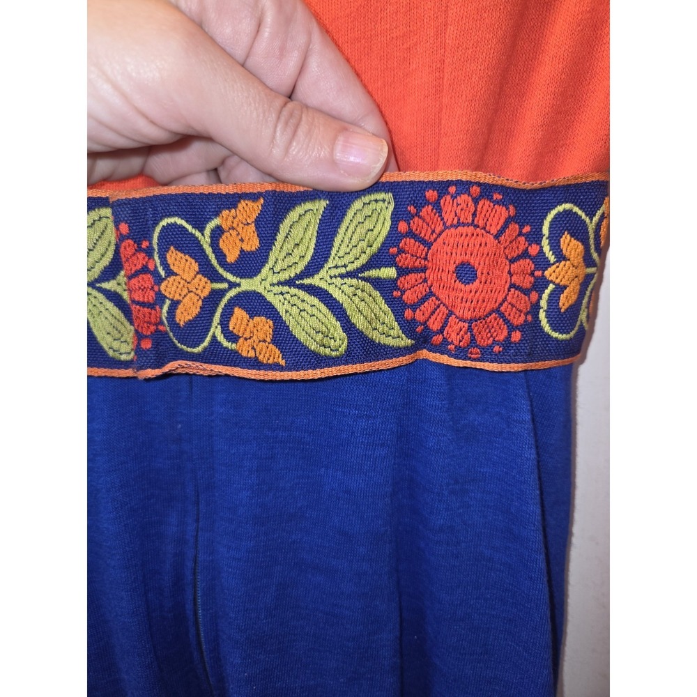 True Vintage Lanz Partridge Trim Ribbon Folk Print Dress. Red Blue. Mock Neck. - Picture 8 of 13